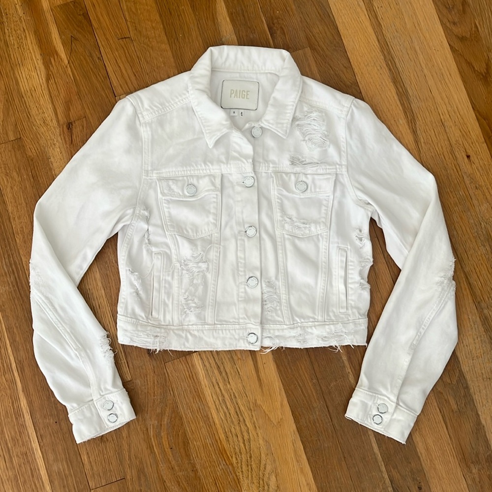 PAIGE White Distressed Denim Jacket - Size: SMALL